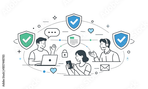 Secure Digital Interaction. Trusted digital environment. People interacting online within a protected space marked by shields and checkmarks, representing