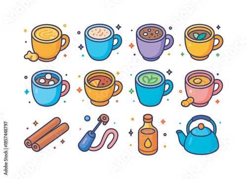 Trendy Hot Drink Icons. Hot Drink Trends. Colorful isometric vector icons set of Hot Drink Trends: turmeric latte, chai latte, mushroom coffee,