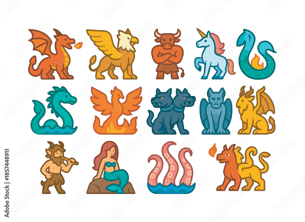 Obraz premium Colorful Mythical Creatures Icons. Mythical creatures. Colorful flat vector icons set of Mythical creatures: fire-breathing dragon, winged griffin, horned