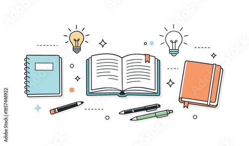 Study Essentials Flatlay. Study and reading essentials. Notebooks, open books, pens and lightbulb icons arranged in a calm flatlay composition, expressing