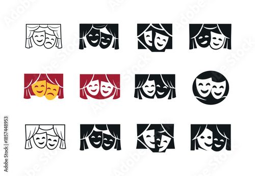 Theater Masks Icons. A live theater performance with actors wearing masks. Icon set. Set Logo of A live theater performance with actors wearing masks: mask on