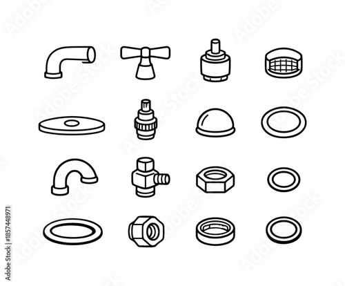 Faucet Component Icons. Faucet Components. Line icon set of Faucet Components: faucet spout, handle, cartridge, aerator, base plate, valve stem, decorative