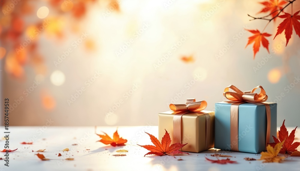 Fototapeta premium Two gift boxes with ribbons sit on a table scattered with autumn leaves. A branch with red maple leaves hangs overhead, with soft light in background.