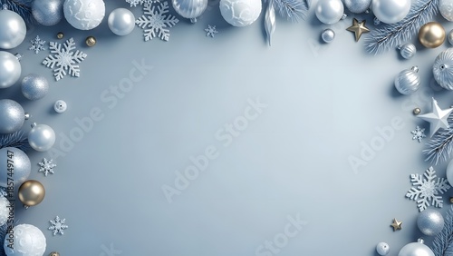 Festive Holiday Snowflakes and Ornaments Border on a Soft Blue Background