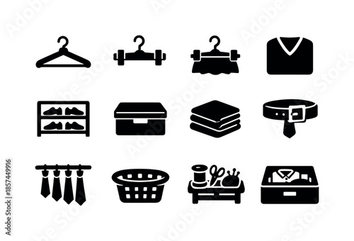 School Wardrobe Icons. School uniform wardrobe. Solid icon set of school uniform wardrobe: shirt hanger, pant hanger, skirt hanger, folded sweater, shoe rack,