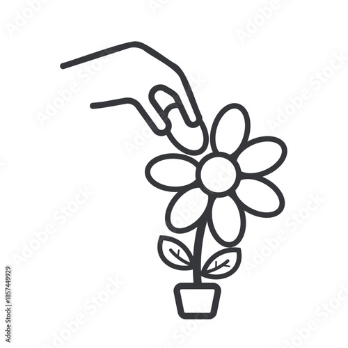 Isolated pictogram of hand touching flower, clear symbol for park signage prohibiting plant damage, promoting environmental safety and awareness.