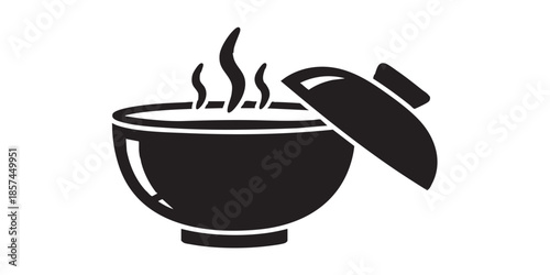 Hot soup in ceramic plate solid icon, japanese food concept. Vector graphics. Plate of hot dish and lid sign on white background, style icon mobile or web design