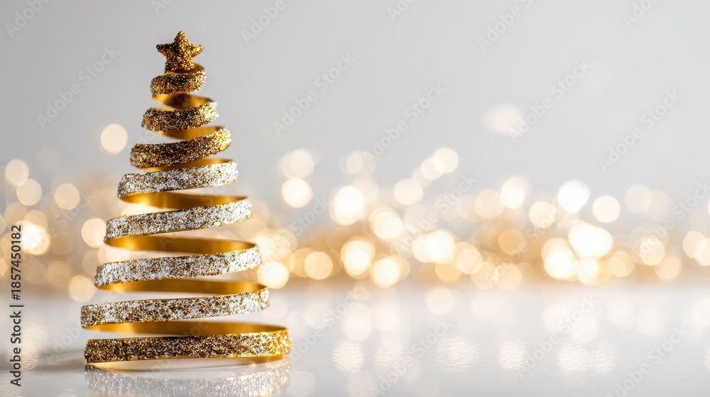 Obraz premium A modern golden spiral-shaped structure, resembling a festive tree, sparkles against blurred light, hinting at celebration and warmth