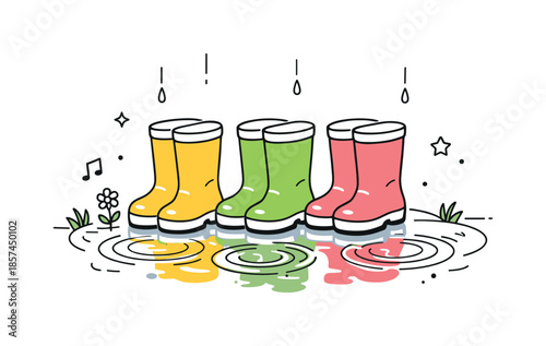 Spring Rain Boots. Spring Puddles and Rain Boots. Simple scene with colorful rain boots standing in a shallow puddle, light ripples spreading on the water.