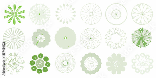 A collection of various circular and floral patterned top views in green
