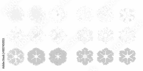 Variations of snowflake patterns displayed in grayscale showing different complexities