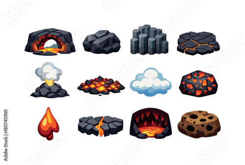 Colorful Volcanic Icon Set. Volcanic caves. Colorful flat vector icons set of volcanic caves: lava tube arch, cooled lava rock, basalt column wall, cracked