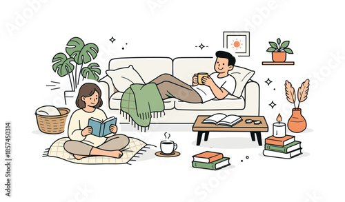 Cozy Minimalist Living Room. Cozy home lifestyle illustration. Minimal living room with soft blankets, plants, and books scattered around, conveying warmth,