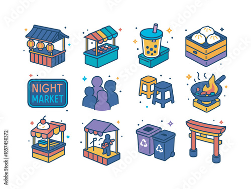 Vibrant Night Market Icons. Night food market. Colorful isometric vector icons set of Night food market: lantern-lit stall, grilled skewers stand, bubble tea