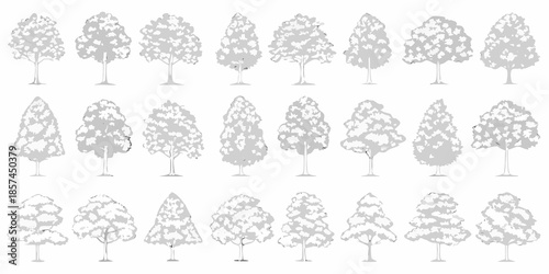 Collection of diverse tree silhouettes in a neat organized grid arrangement