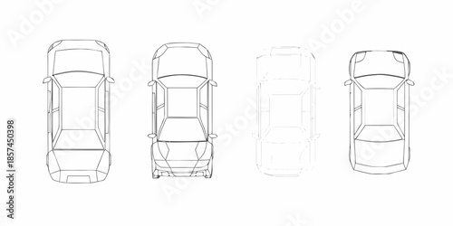 Top down view of four different car designs in simple line art style
