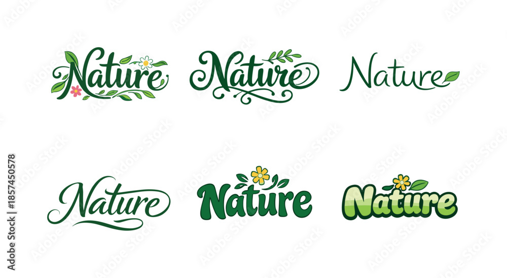 Fototapeta premium Botanical Lettering Variations. Nature-inspired botanical lettering. Set lettering. harmonious lettering variations of the same emblematic concept, each with
