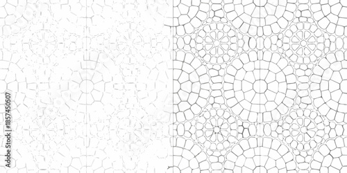 A stark contrast between cracked weathered paint and a detailed stone pavement pattern