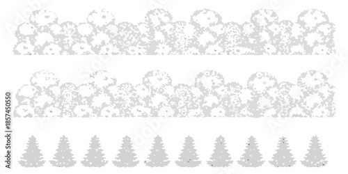 Stylized illustration of bushes shrubs and coniferous trees in grayscale