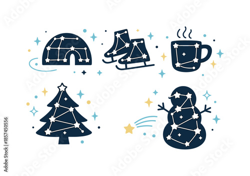 Winter Constellation Illustration. Winter constellation-themed editorial illustration with stylized stars forming simple shapes in a clear night sky,