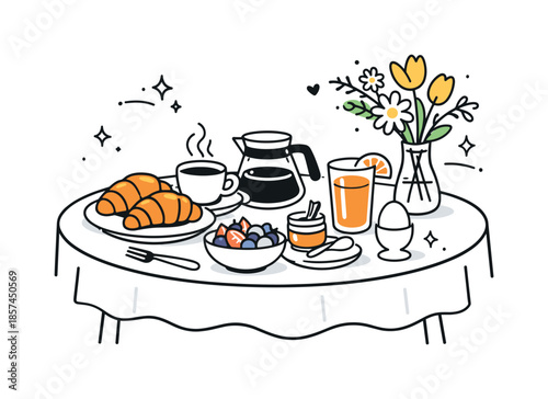 Spring Brunch Bliss. Spring brunch and food. A bright editorial scene with a small table set for brunch, featuring croissants, fresh fruit, coffee and flowers,