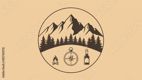 Camping and hiking adventure logo design with mountain, compass and bottle icons