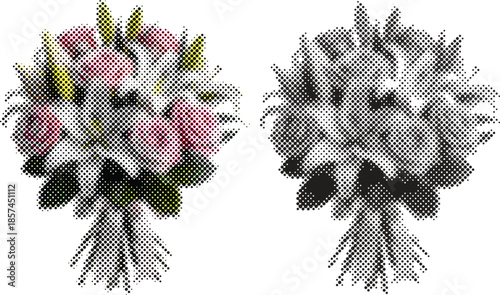 Vintage flower bouquet illustration with halftone texture, romantic floral arrangement for love, wedding, and graphic design
