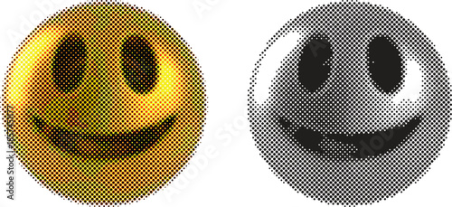 Vintage smiley face icons set in gold and black with halftone texture, retro happy emoji symbols for graphic design