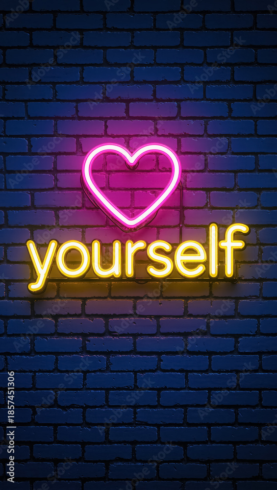 Obraz premium Neon sign brightly displays a pink heart and yellow lettering that says love yourself against a dark brick wall background, providing a vibrant contrast and uplifting message.