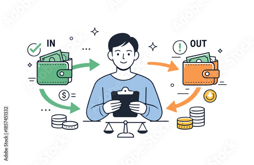 Cash Flow Harmony. Cash flow management. Person monitoring incoming and outgoing payments with simple arrows and wallet symbols, calm control and balance.