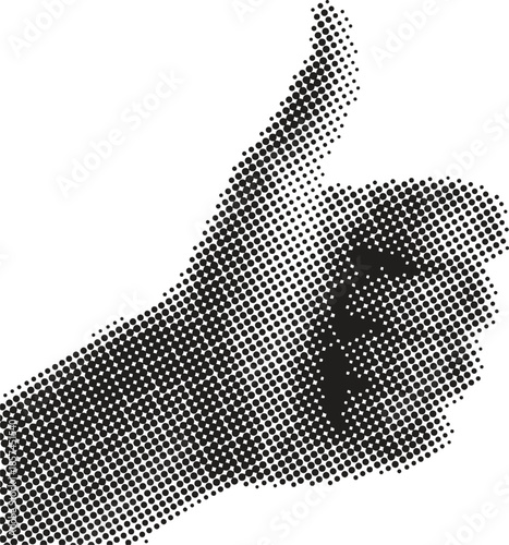 Thumbs up hand halftone illustration with retro pop art dot texture, approval gesture symbol for social and graphic design