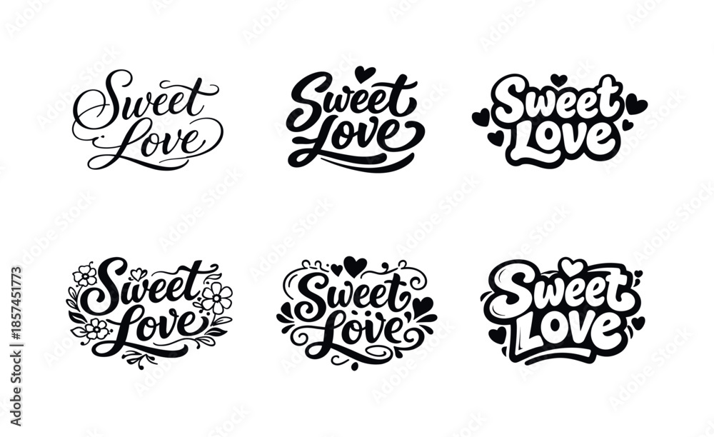 Fototapeta premium Sweet Love Variations. Sweet love. Set lettering. harmonious lettering variations of the same emblematic concept, each with different artistic interpretation