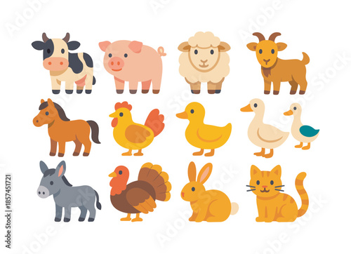 Colorful Farm Animal Icons. Farm animals. Colorful flat vector icons set of farm animals: cow, pig, sheep, goat, horse, chicken, duck, goose, donkey, turkey,
