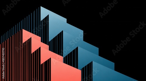 Abstract Geometric Architectural Composition with Blue and Red Elements on Black