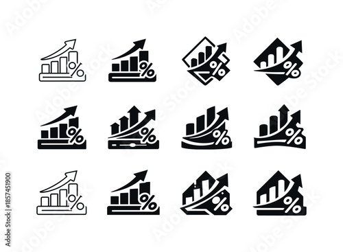 Interest Rates Icons. Interest rates and bonds. Icon set. Set Logo of Interest rates and bonds: investment growth bar icon. harmonious logo variations of the