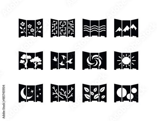 Folding Screen Icons. Folding screen designs. Solid icon set of folding screen designs: floral design, geometric pattern, wave pattern, mountain silhouette,