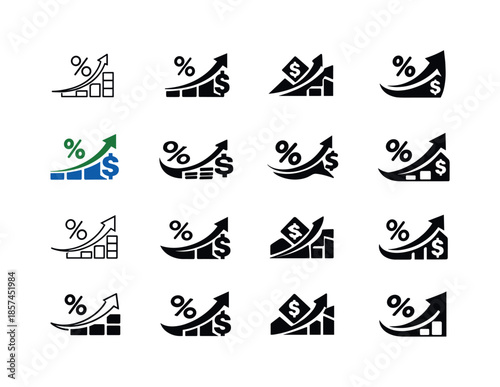 Interest Rate Symbols. Interest rates and bonds. Icon set. Set Logo of Interest rates and bonds: yield curve line. harmonious logo variations of the same