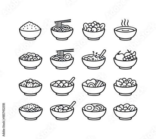 Food Bowl Icons. Food Bowl. Line icon set of Food Bowl: bowl with rice, noodle bowl, salad bowl meal, soup bowl steam, poke bowl, ramen bowl, cereal bowl milk,