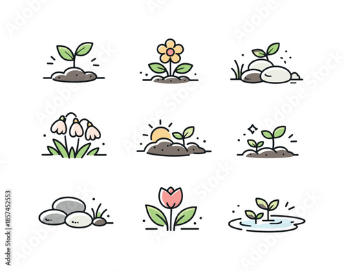 Nature Awakening Icons. Sculptors shaping their creations. Line icon set of Sculptors shaping their creations: sculptor figure, chisel tool, hammer mallet,