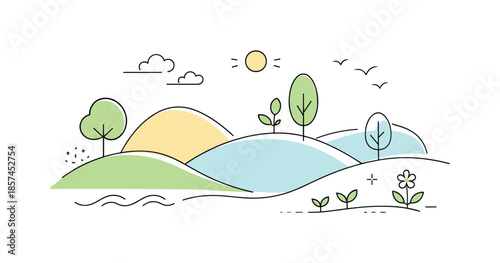 Spring Landscape Abstraction. Early spring landscape abstraction. An abstract editorial composition using hills, trees, and soft lines to suggest seasonal