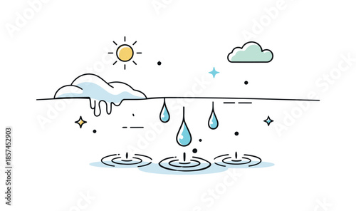 Spring Thaw Illustration. Seasonal thaw. A minimal ground line with melting snow flowing into water drops. The scene feels light, calm, and symbolically fresh.
