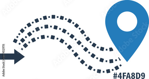 Vector Illustration of a Blue Map Pin Location Icon with Dotted Path Lines and Directional Arrow for Navigation and Logistics Concepts