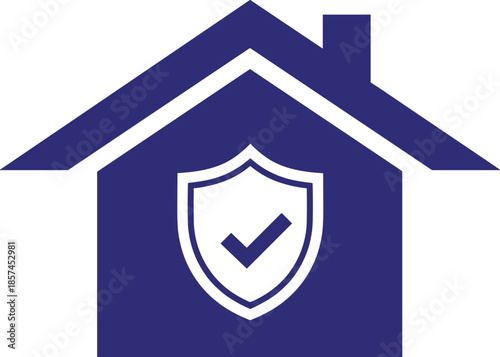 Vector Illustration of a Blue House Icon with a Security Shield and Checkmark for Home Insurance and Property Safety Concepts
