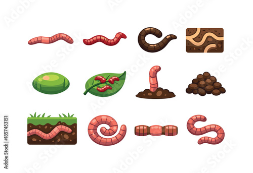 Colorful Worm Icons. Worms. Colorful flat vector icons set of Worms: earthworm, compost worm, red wiggler, nightcrawler, soil tunnel, worm cocoon, leaf-litter