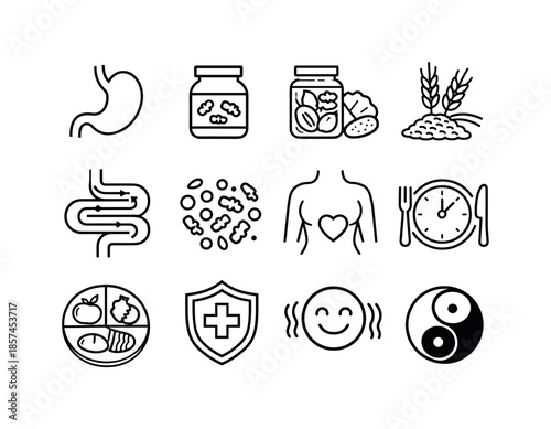 Gut Health Icons. Gut Health. Line icon set of Gut Health: stomach icon, probiotics jar, fermented foods, fiber grains, digestion flow, microbiome dots,