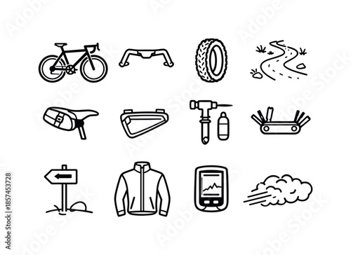 Gravel Bike Icons. Gravel biking. Line icon set of gravel biking: gravel bike, flared bars, mixed-terrain tire, dirt path, saddle bag, frame bag, tubeless tire