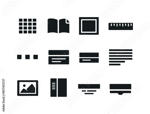 Print Layout Icons. Print layout hierarchy. Solid icon set of print layout hierarchy: page grid, master page icon, margins icon, rulers, spacing icon, header
