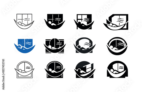 Hammock Sleep Icons. A person drifting off to sleep in a hammock. Icon set. Set Logo of a person drifting off to sleep in a hammock: hammock near window breeze