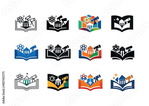 Exhibit Icon Variations. Exhibitions and learning experiences. Icon set. Set Logo of exhibitions and learning experiences: learning station icon. harmonious