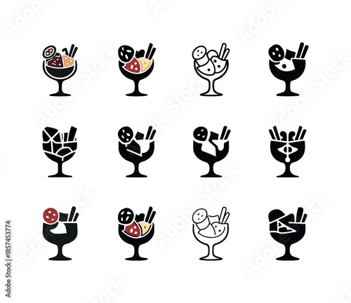 Charcuterie Logo Variations. charcuterie. Icon set. Set Logo of charcuterie: wine glass with meats. harmonious logo variations of the same emblematic concept,